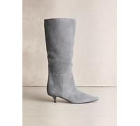 Next Grey Suede Crinkle Effect Leather Signature Underset Heel Knee High Boots