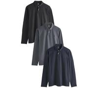 Next Homme Polos en Jersey à Manches Longues, Lot de 3 Bleu Marine/Gris/Noir XXL