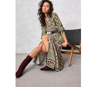 Next Khaki Geometric Long Sleeve Midi Shirt Dress Khaki Geometric EU 40 (UK 12)