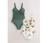 Next Khaki Green/Cream Floral Tummy Control Swimsuits 2 Pack