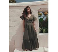 Next Khaki Green Flutter Sleeve Wrap Maxi Dress Khaki Green EU 40 (UK 12)