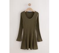 Next Khaki Green Mini Ribbed Long Sleeve Scoop Neck Dress Khaki Green EU 44 Tall (UK 14 T)