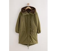 Next Khaki Green Parka with Animal Print Faux Fur Lining