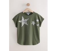 Next Khaki Green Sparkle Sequin Star 100% Cotton T-Shirt