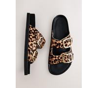 Next Leopard Print Leather Premium Double Strap Footbed Sandals