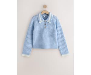 Next Light Blue/Ecru Double Collar Cable Knit Polo Shirt