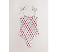 Next Multi/White Bright Check Shirred Bandeau Tummy Control Swimsuit