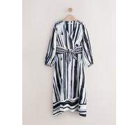 Next Navy Blue/Ecru Stripe V-Neck Tie Waist Long Sleeve Midi Dress Navy Blue/Ecru Stripe EU 42 (UK 14)