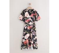 Next Navy Blue Floral Scallop Sleeve Wrap Midi Dress Navy Blue Floral EU 46 Tall (UK 18 T)