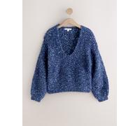 Next Navy Blue Neppy Fuzzy Texture V-Neck Knitted Jumper