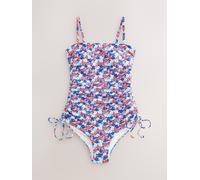 Next Navy Blue/Red Disty Floral Bandeau Ruched Leg Tummy Control Shaping Swimsuit