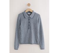 Next Navy Blue Stripe Long Sleeve Knit Look Polo Top