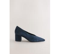 Next Navy Blue Suede Leather Point Toe Low Block Heels Shoes Navy Blue Suede EU 38 W (UK 5)