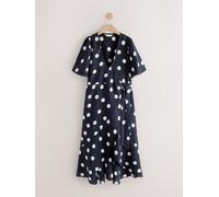 Next Navy/White Polka Dot 100% Linen Wrap Midi Dress Navy/White Polka Dot EU 38 (UK 10)