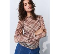 Next Neutral Check Long Sleeve Ruched Side Mesh Top