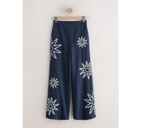 Next Pantalons Ample brodé Sun en Lin mélangé bleu FR 48 Tall (EU 46 T)