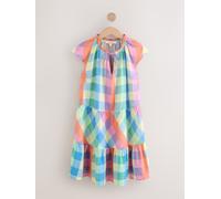 Next Pink and Blue Gingham Check V-Neck Tiered Mini Dress with Linen Pink And Blue Gingham Check EU 42 Tall (UK 14 T)