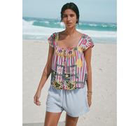 Next Pink/Blue Frame Print Flutter Sleeve Button Front Top With Linen