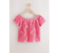 Next Pink Floral Print Crochet Bardot Off Shoulder Top With Cotton