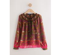 Next Pink/Green Geometric Border Print Tie-Neck Long Sleeve Blouse