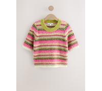 Next Pink Multi Stripe Crew Neck Knitted T-Shirt With Wool