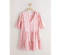 Next Pink/Orange Washed Stripe Short Sleeve Button Through Tiered Mini Dress with Linen Pink/Orange Washed Stripe EU 48 Tall (UK 20 T)