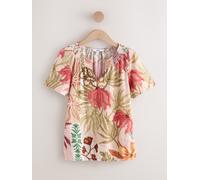 Next Pink Palm Print Short Sleeve Notch Neck Shirred Bubblehem Top