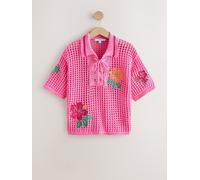 Next Polo à lacets en maille de coton Rose brodé à fleurs M Coupe standard (EU 40-42)