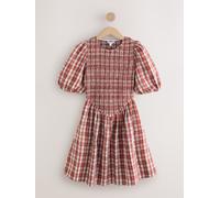 Next Red Check Puff Sleeve Shirred Mini Dress Red Check EU 38 Tall (UK 10 T)