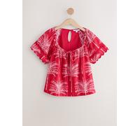 Next Red/Ecru Palm Print Broderie Boho Short Sleeve Ric Rac Top