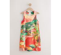 Next Red/Green Scene Printed Linen Rich Square Neck Shift Mini Dress Red/Green Scene Printed EU 34 (UK 6)