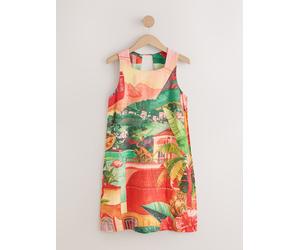 Next Red/Green Scenic Print Linen Rich Square Neck Shift Mini Dress Red/Green Scenic Print EU 38 Tall (UK 10 T)