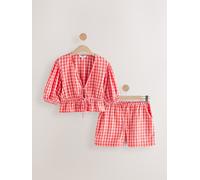 Next Red/Pink 100% Cotton Textured Puff Sleeve Tie Front Gingham Top