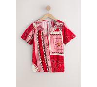 Next Red/Pink Border Print Short Sleeve Notch Neck Shirred Bubblehem Top
