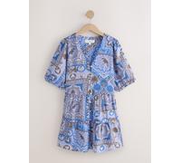 Next Robe courte à manches courtes boutonnée à volants en lin bleu FR 40 (EU 38)
