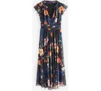 NEXT Femme Robe Longue en Mesh plissé à col V pour Grandes Occasions Navy Blue Floral 40