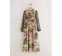 Next Robe mi-longue à manches longues Imprimé Fleuri Noir & Rose Patchwork 44