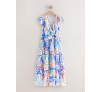 next Robe mi-longue à volants et Col en V pour occasions spéciales bleu FR 40 (EU 38)