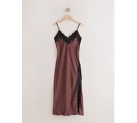 Next Robe mi-longue caraco en satin à bretelles et bordures en dentelle Marron chocolat EU 42 Tall (UK 14 T)