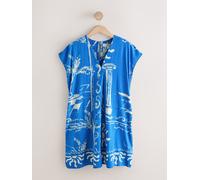 Next Robe mini-robe caftan en mélange de lin Manche courte à col en V Bleu imprimé grec EU 38 Petite (UK 10 P)