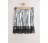 Next Silver Sequin Mini Skirt With Lace Trim Silver EU 40 Regular (UK 12 R)