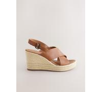 Next Tan Brown Standard/Wide Fit Leather Round Toe Cross-Over Slingback Platform Wedges