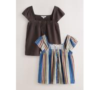 Next Two Pack Multi Stripe/Chocolate Brown Flutter Sleeve Button Front Top