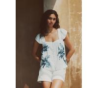 Next White/Blue Palm Print Flutter Sleeve Button Front Top With Linen