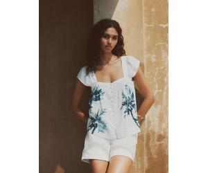 Next White/Blue Palm Print Flutter Sleeve Button Front Top With Linen