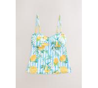 Next White/Blue Stripe Lemon Print Tankini Lettuce Edge Non Padded Wired Bikini Top