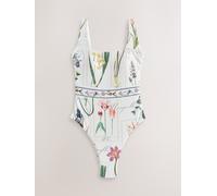 Next White Floral Scoop Square Neck Swimsuit