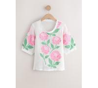 Next White/Pink Floral Crochet Short Sleeve Crew Neck T-Shirt