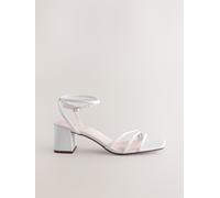 Next White Square Toe Leather Strappy Low Block Sandals