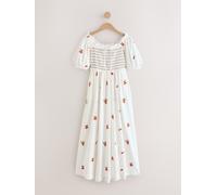 Next White Tomato Embroidery Puff Sleeve Shirred Midi Dress White Tomato Embroidery EU 36 (UK 8)
